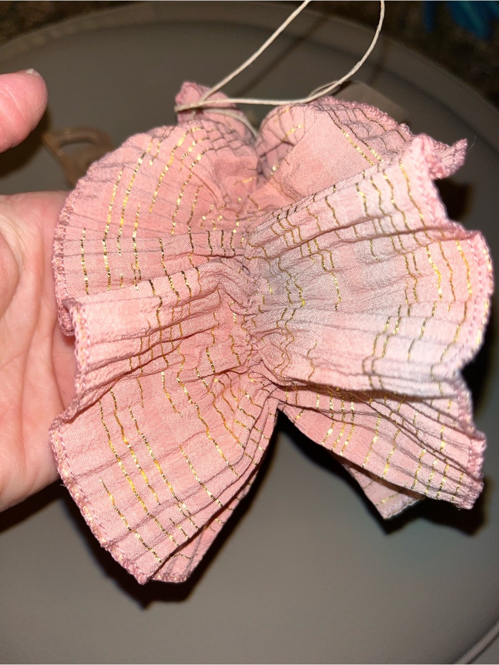 Pink Ruffled Fabric Scrunchie with Gold Threading - Picture 4 of 7